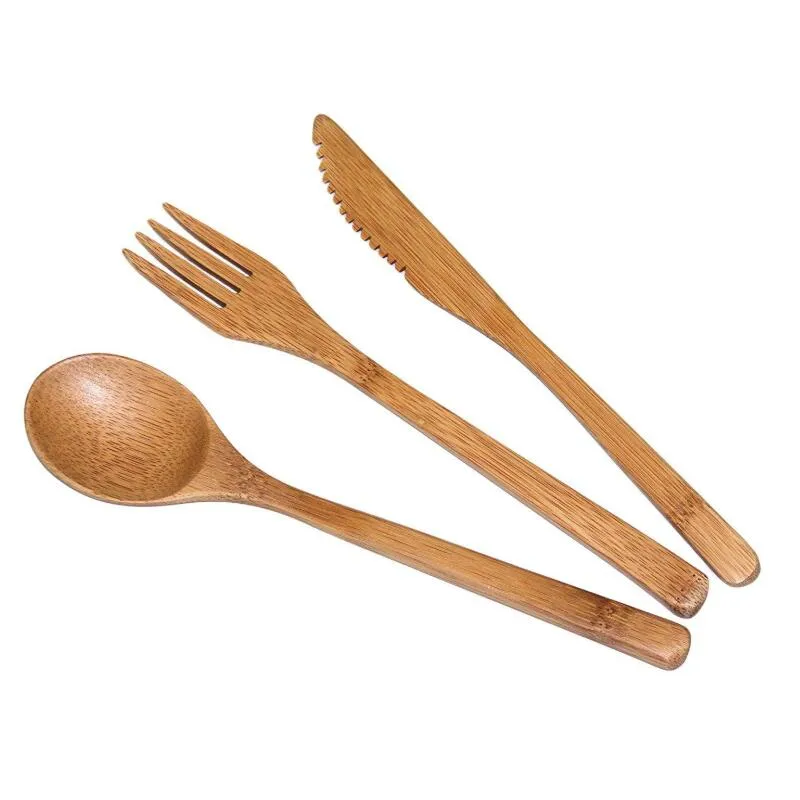 3 Pcs/Set Reusable Bamboo Flatware Portable Cutlery Set Knives Fork Spoon Travel Camp Dinnerware Set Cooking Kitchen Tools LX9206