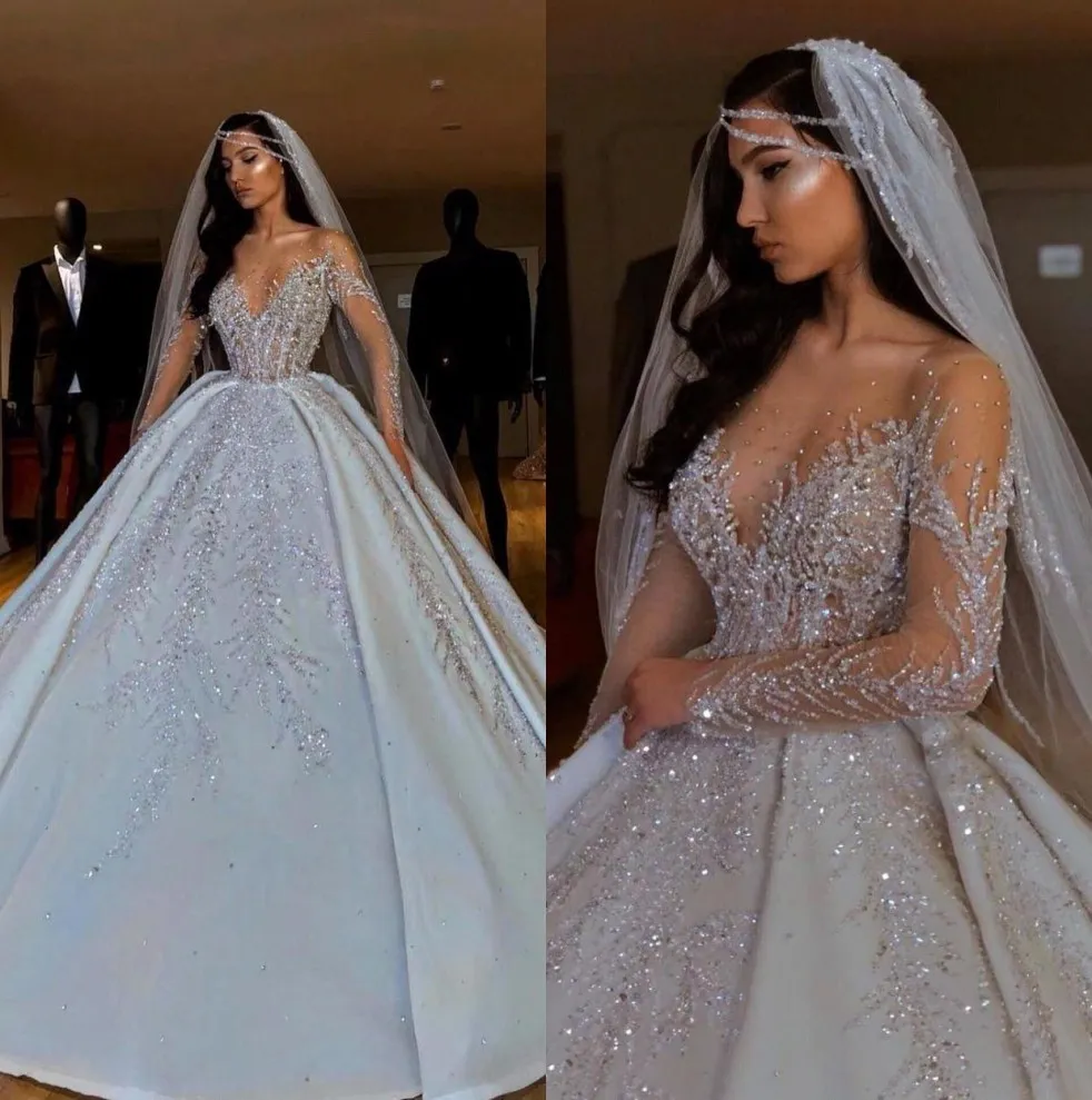 Luksusowe Arabskie Sheer Długie Rękawy Satin Ball Suknie Ślubne Suknie Ślubne 2020 Kryształy Zroszony Ruched Chapel Wedding Suknie ślubne CPH044