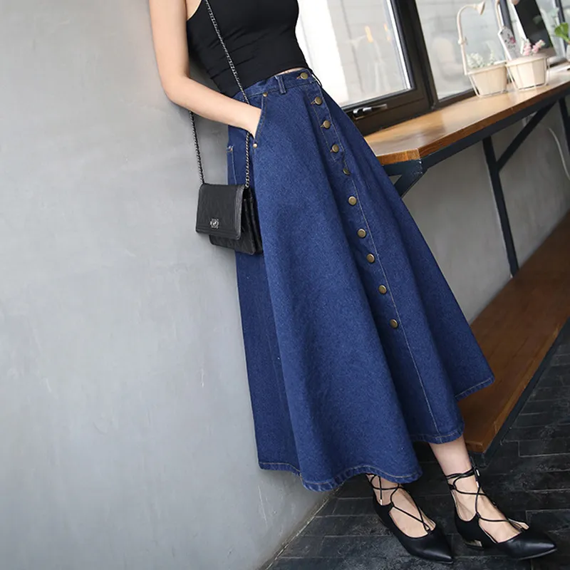 Saias 2019 nova moda ver o outono coreano plus size maxi saia elegante cintura alta plissado longo feminino saias jeans
