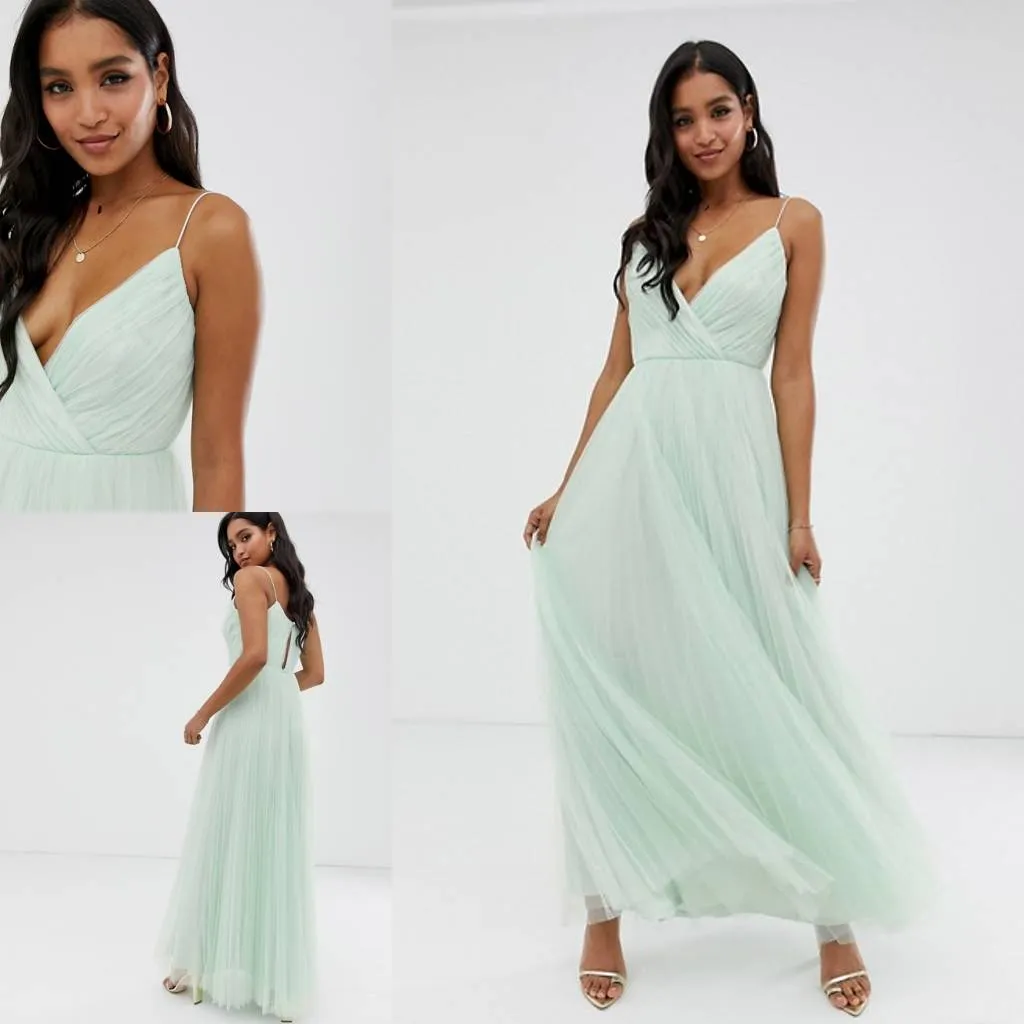 Vert menthe plissé Tulle soirée Maxi robe col en V bretelles spaghetti bouton-trou de serrure dos Sexy longue élégante grande taille bal mariages robe d'invité