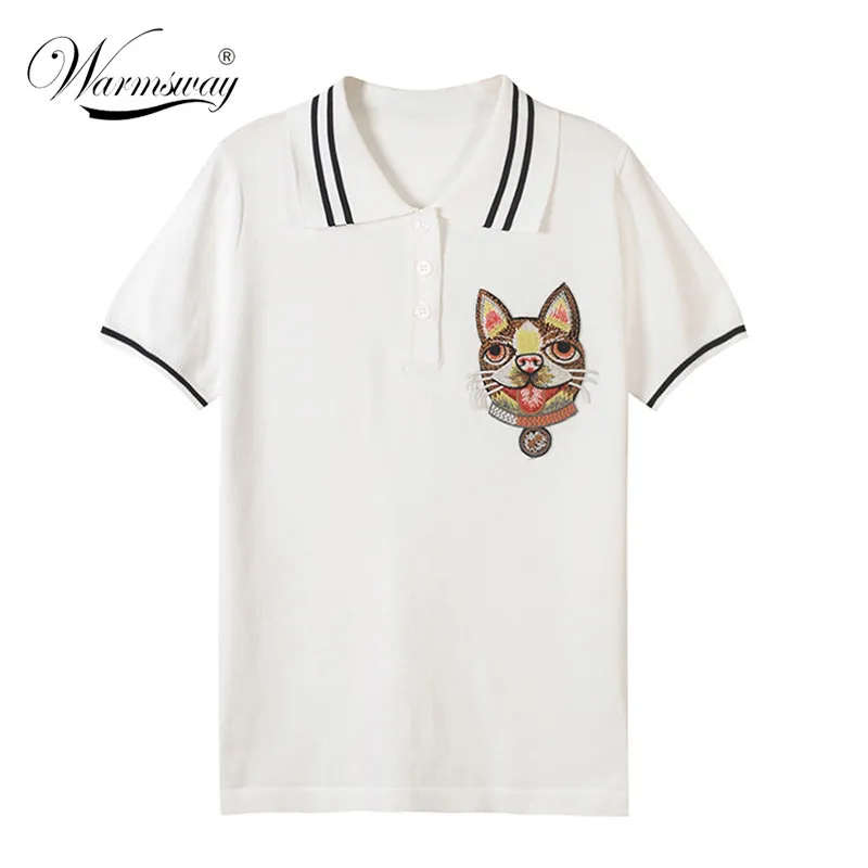 2018 High Quality DOG Embroidery Tops Women Female Spring Summer Slim Elastic Stripe Knit Short Sleeve T-shirt B-085