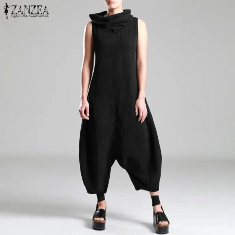 Plus Storlek Linne Overells Kvinnors Jumpsuits Zanzea 2019 Sommar Pantalon Kvinna Drop Crotch Turtleneck Rompers Combinaison Femme Y19051501