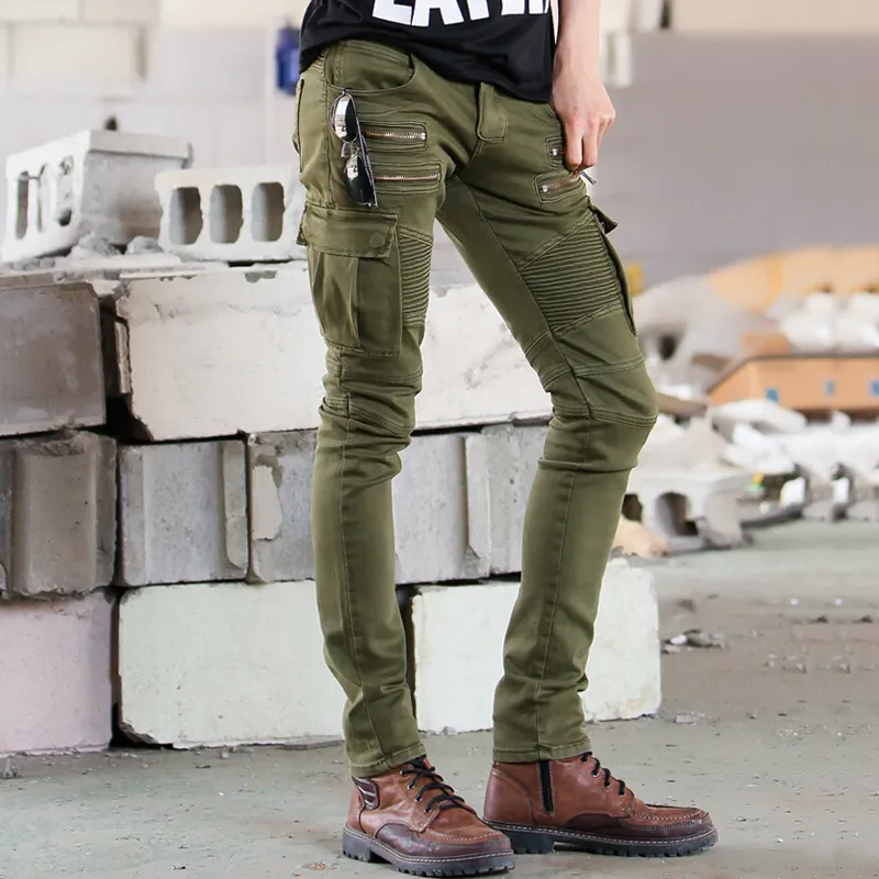 Army Green Black Mens Denim Biker Cargo Jeans Brand Men Skinny Moto Pencil Pencil Pants Runway Runway Distressed Motorcycle Jeans236G