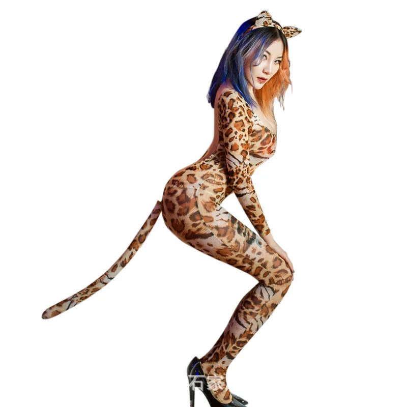 Cosplay Sexy Women Leopard Öppna Crotch Bodysuit Blackless See Through Jumpsuit Body Strumpor Full Bodysuit med svans öra F35