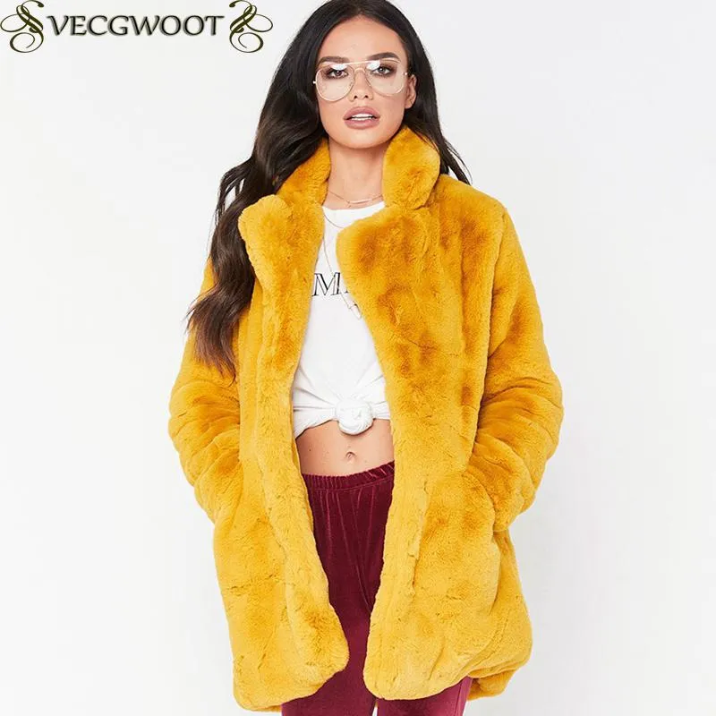 Женщины Осень Зима Новый искусственный мех пальто женщин рыхлой длинным рукавом сплошной цвет теплый моды пальто большого размера Длинные Fur1