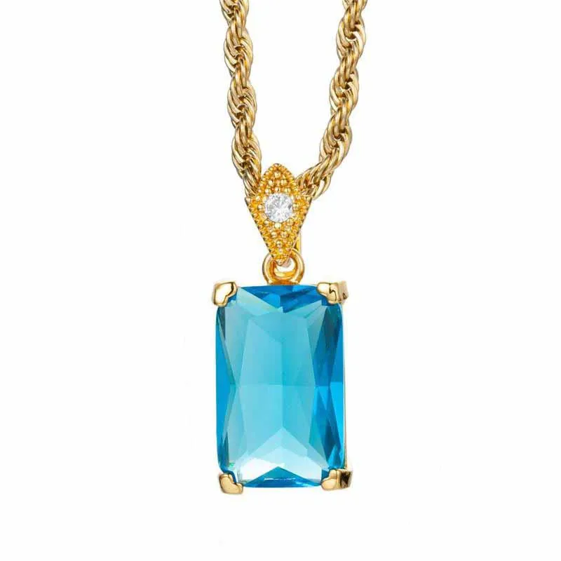 Natuurlijke Topa Stone Hanger 18K Gold Blue Diamond Necklace Color Gem Ketting Heren Hip Hop Rapper Sieraden