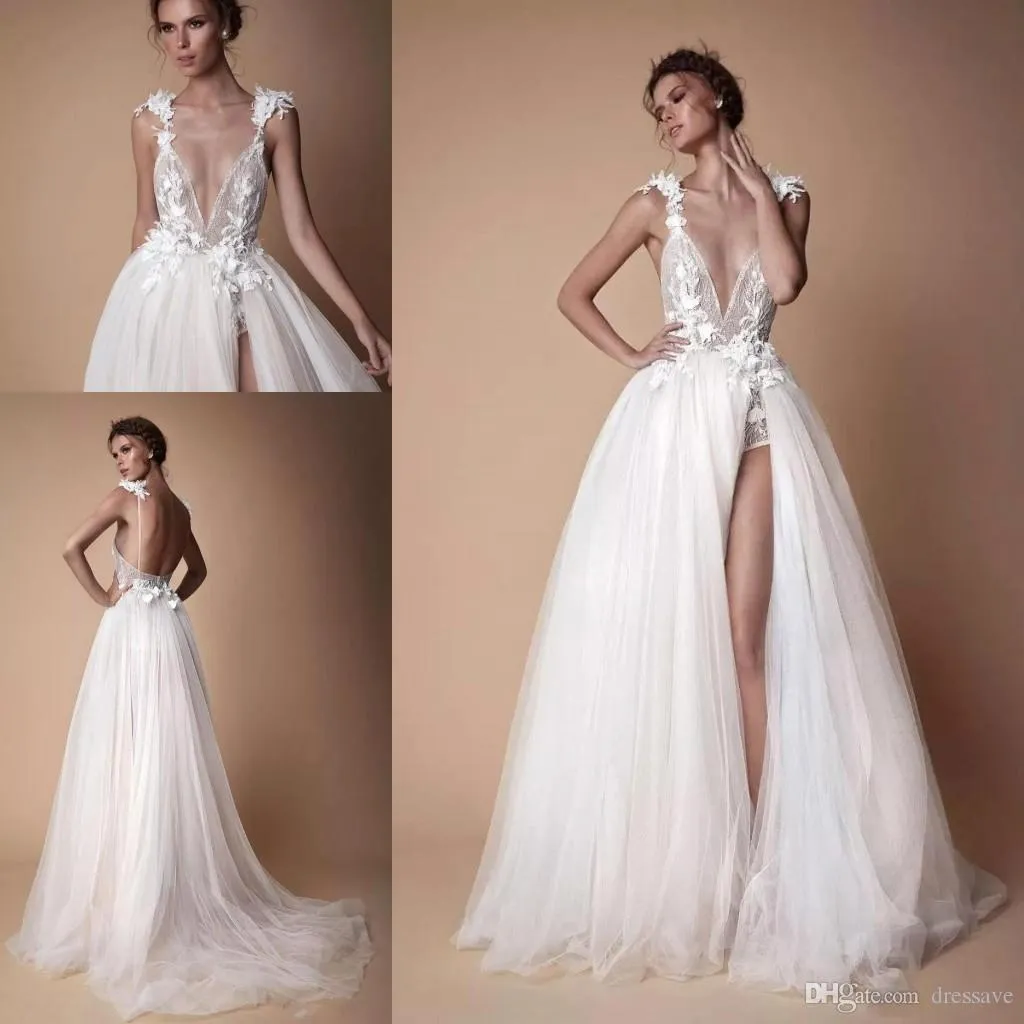 2010 Bohemian Lace Wedding Dresses 3D Appliqued A-Line Deep V-Neck Beach Bridal Gowns Sweep Train Tulle Split Side Sexy
