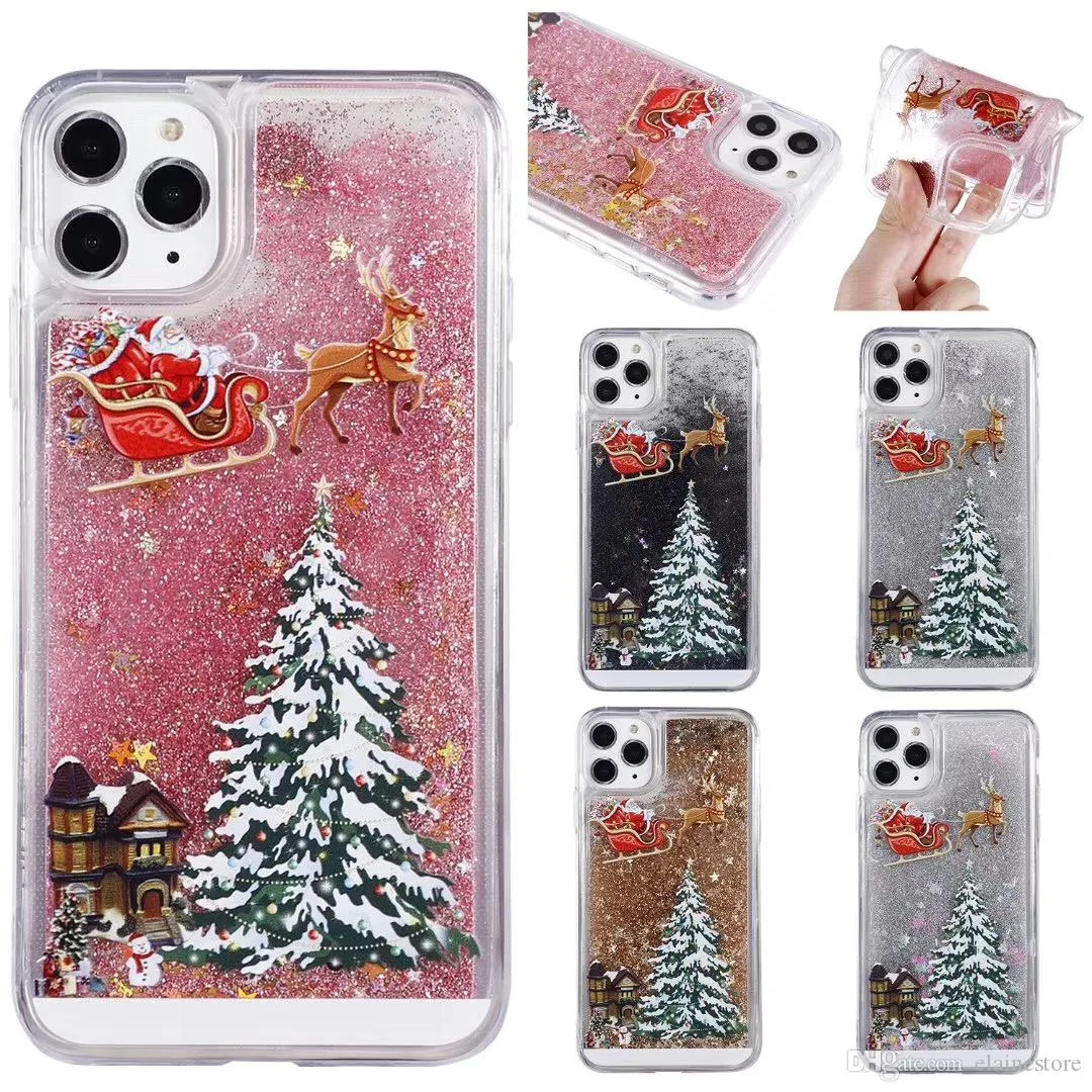 2020 Weihnachtsbaum Glitzer Sterne Flüssiger Treibsand Harte Handyhülle für iPhone 11 11promax XS MAX XR Galaxy S10 Note10 S9PLUS