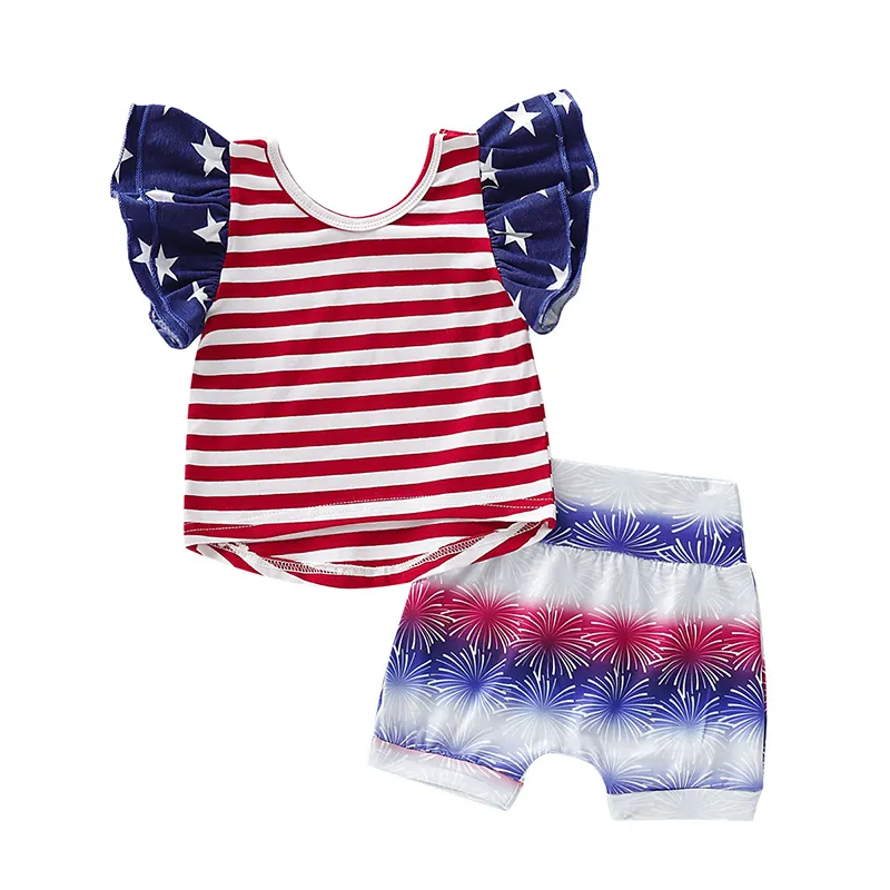 bambini abiti firmati ragazze abiti bandiera americana bambini Star stripe Top + pantaloncini 2 pezzi / set 4 luglio moda bambino Set di abbigliamento C6671