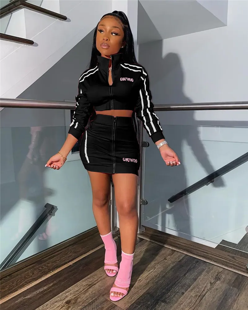 2024 Women s 2 Piece Crop Top and Skirt Set Casual Long Sleeve Zipper Jacket with Package Hip Short Skirts