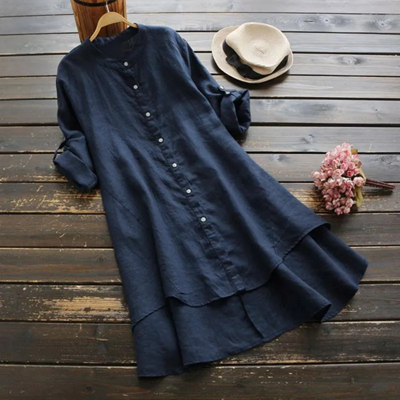 Femmes Casual Loose Lin Robe Solide Boho Vintage Dames Bouton À Manches Longues Chemise Longue Mini Robe Robes de Verano 2019 New1