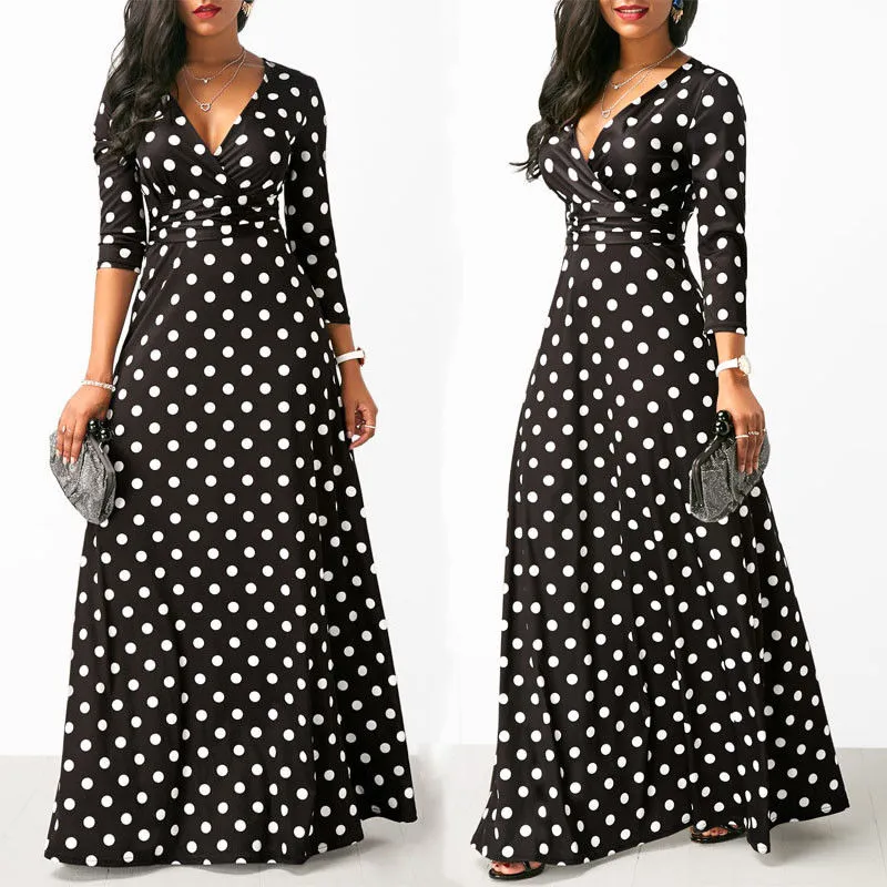 Fashion-Women Polka Dot Long Sleeve Boho Dress Elegant Vintage Women Dresses Evening Party V Neck Maxi Long Dress Fashion Ladies Dresses