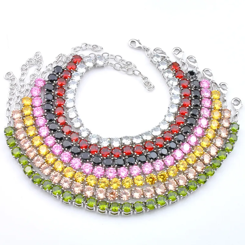 Luckyshine Fashion 화려한 팔찌 라운드 토파즈 Kunzite Garnet Peridot 보석 실버 지르콘 테니스 팔찌 연인 팔찌 새로운 팔찌