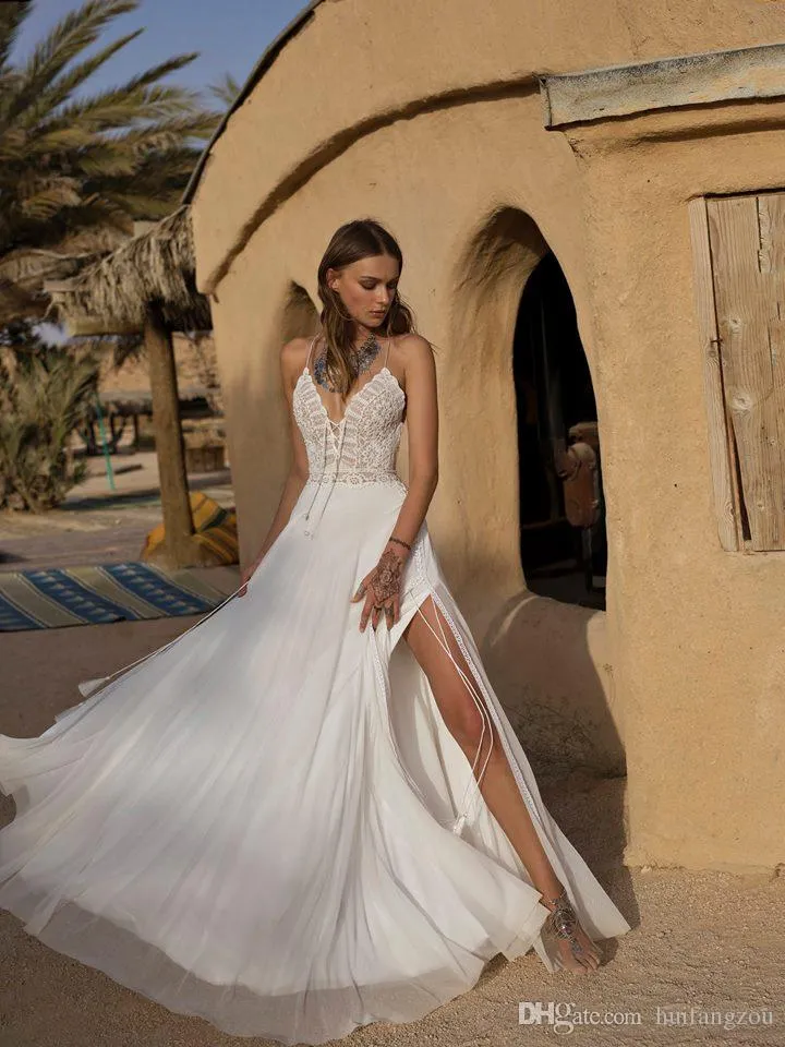 2019 Asaf Dadush Boho Abiti da sposa Spaghetti Abiti da sposa in pizzo Fessure alte fino alla coscia con avvolgente Abito da sposa in chiffon da spiaggia Custom281W