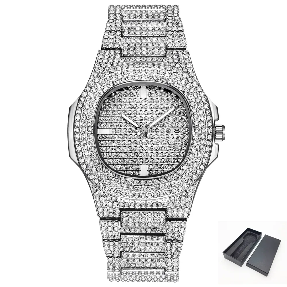 Montre Hip Hop Quartz Pour Hommes Bling Diamant Femmes Montres Femmes Ton Argent Bande D'acier Relogio Masculino Dames Cadeau 2019