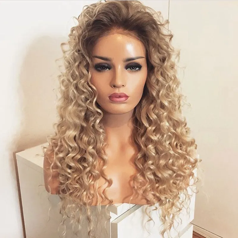 Kinky Curly Lace Front Wigs: Long Brown Roots Blonde Ombre  display picture 1