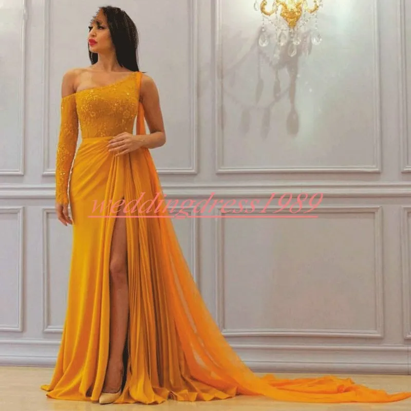 Perfect Yellow Long Sleeve Lace Evening Dresses 2019 Split One Shoulder Sexy Celebrity Pageant Gowns Plus Size Formal Party Prom Dress