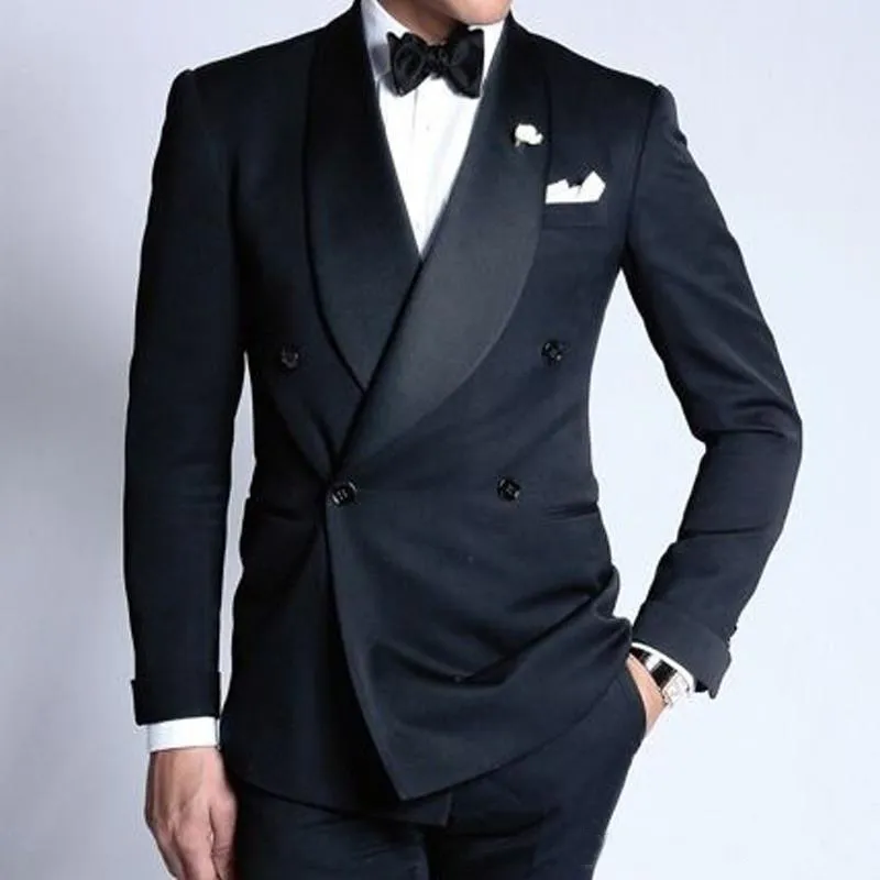 Dubbelbröst Navy Bröllop Brudgum Tuxedos för Man Passar 2022 Shawl Lapel Slim Fit Skräddarsydd Made Two Piece Male Blazer