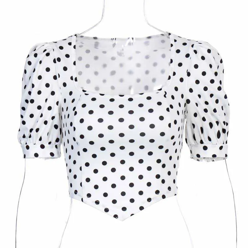 슬림 섹시 우아한 2020 여름 옷을 입고 귀여운 한국어 자 bodycon 물방울 무늬 퍼프 짧은 소매 여성 티셔츠 작물 가기