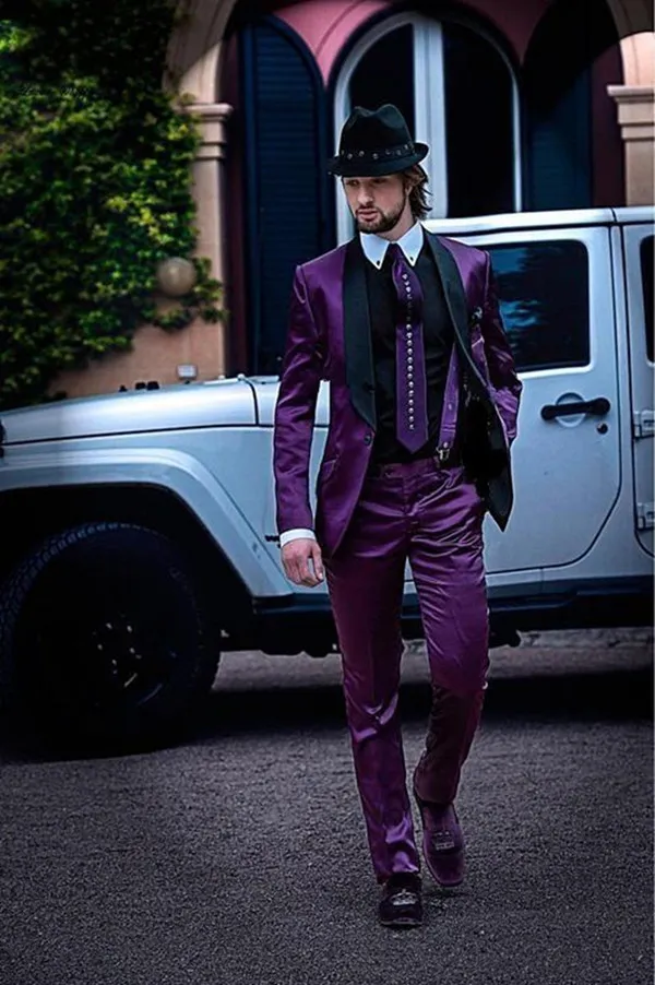 Nieuwe Modieuze Bruidegom Tuxedos GroomsMen One Button Purple Sjaal Revers Beste Man Pak Bruiloft Heren Blazer Pakken (jas + Broek + Tie) 1279