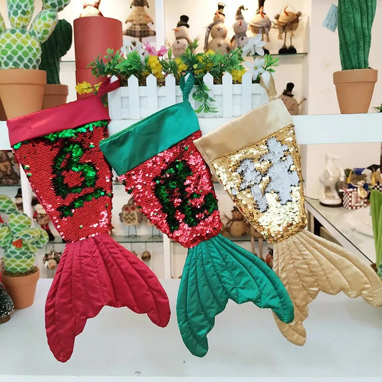 Christams Dekoracje syreny kształt Christams pończochy Bling Koralik Flip Tail Socks Bag darem Stocking 3 kolory do wyboru ozdoby świąteczne ChST1