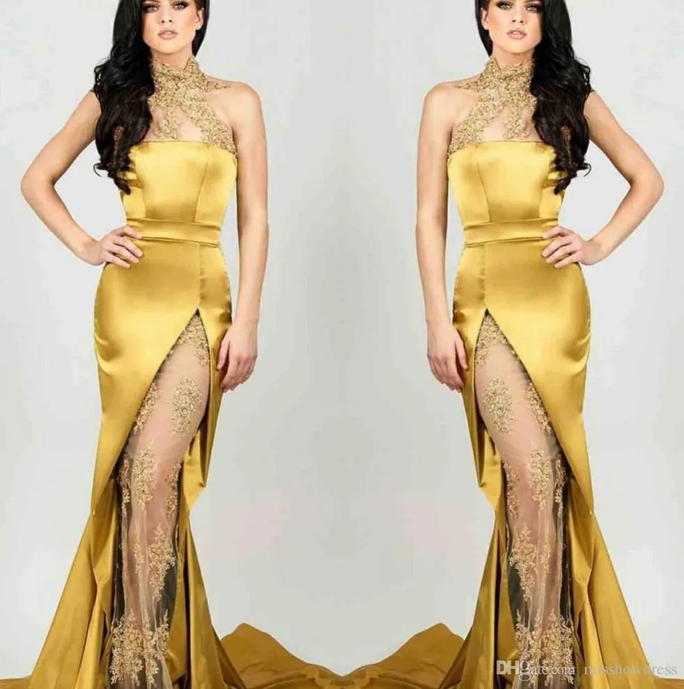 Gold Sheer High Neck Satin Meerjungfrau Abendkleider Arabische Spitze Applikation High Side Split Durchsichtig Sweep Zug Formelle Party Ballkleider