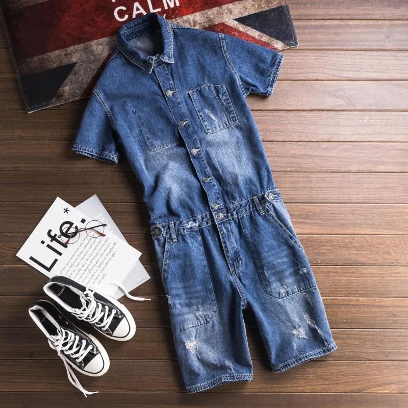 Streetwear Denim Bib Overall Shorts Men Washed Shorts Jeans Jumpsuit Letters Printed Casual Short Sleeve Suspender Short Pants