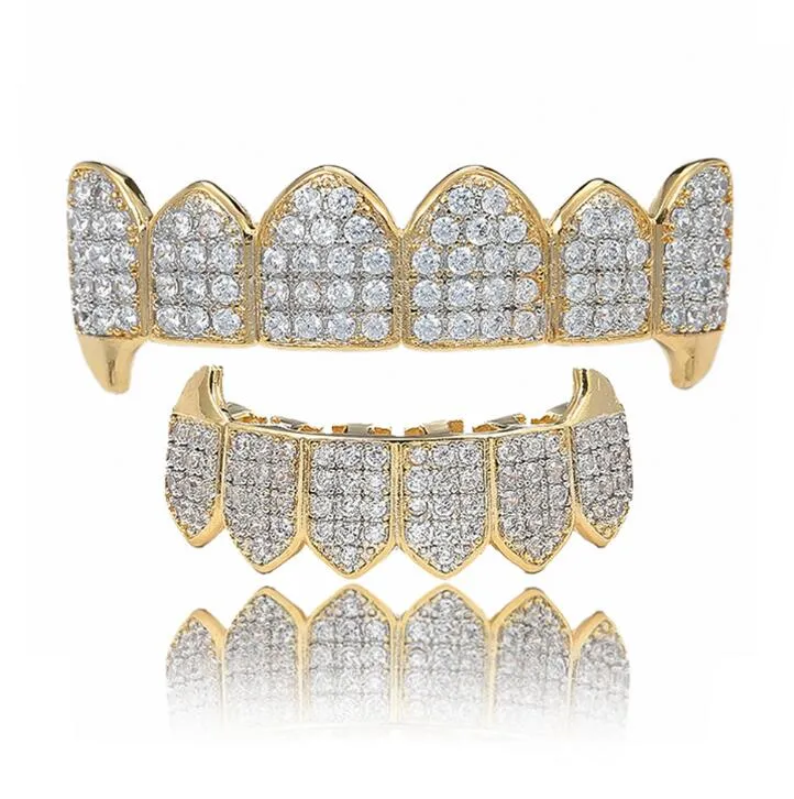 Nuevo Repleto de circonio dientes Grillz parte superior inferior 18K Color oro parrillas boca Dental vampiro Hip Hop joyería de moda joyería de rapero