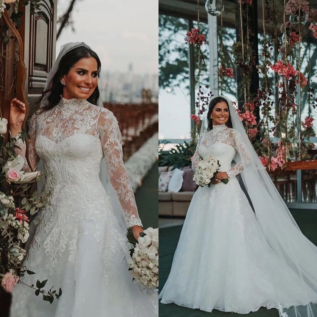 Modest Lace A Line Wedding Dresses Muslim High Neck Long Sleeves Bridal Gowns Vintage Full Lace Sweep Train Plus Size robe de mari e