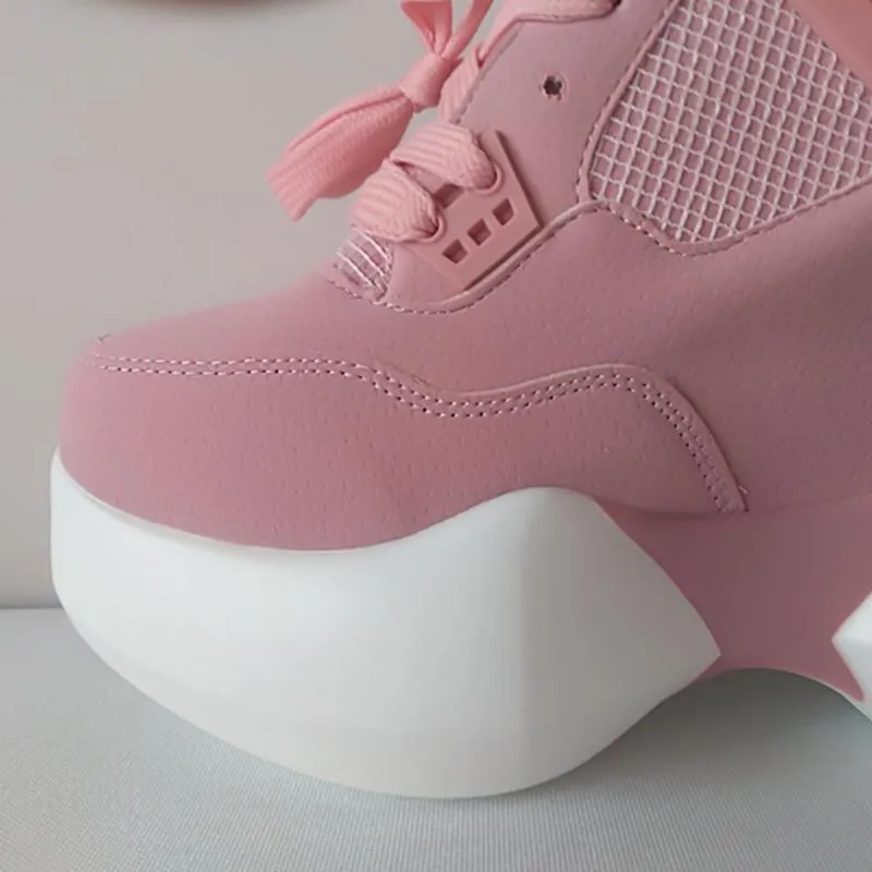 Hot Sale-Fashion Autumn Winter Women's High Platform Shoes Height increasing leathe Shoes Thick Sole Trainers Lady Shoes pink white