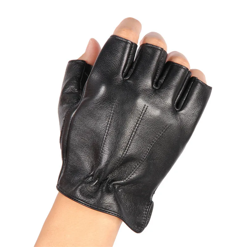 Fashion-Men's Leather Half Finger Gloves Locomotive Driving Non-Slip Fitness Cowhide Gloves Men NAN48-5