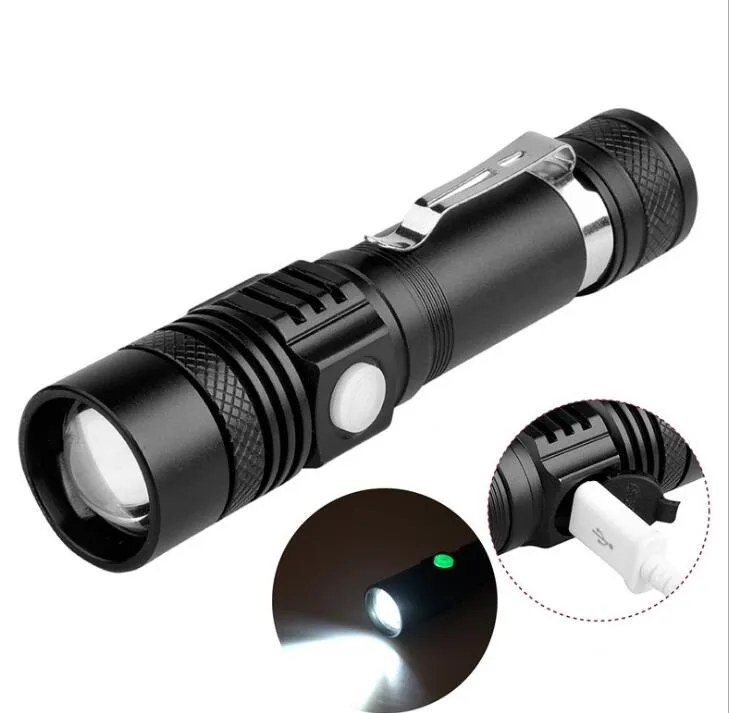 NEW USB charger XML T6 Flashlights Torches Rechargeable 18650 battery flashlight 3 mode pen clip torch lamp portable outdoor camping torch