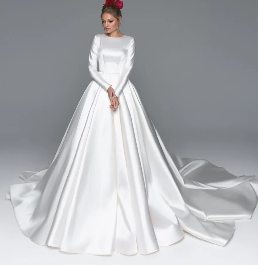 2019 New A linha de cetim Modest casamento vestidos com mangas compridas simples mulheres elegantes templo vestidos de noiva vestido de casamento religioso