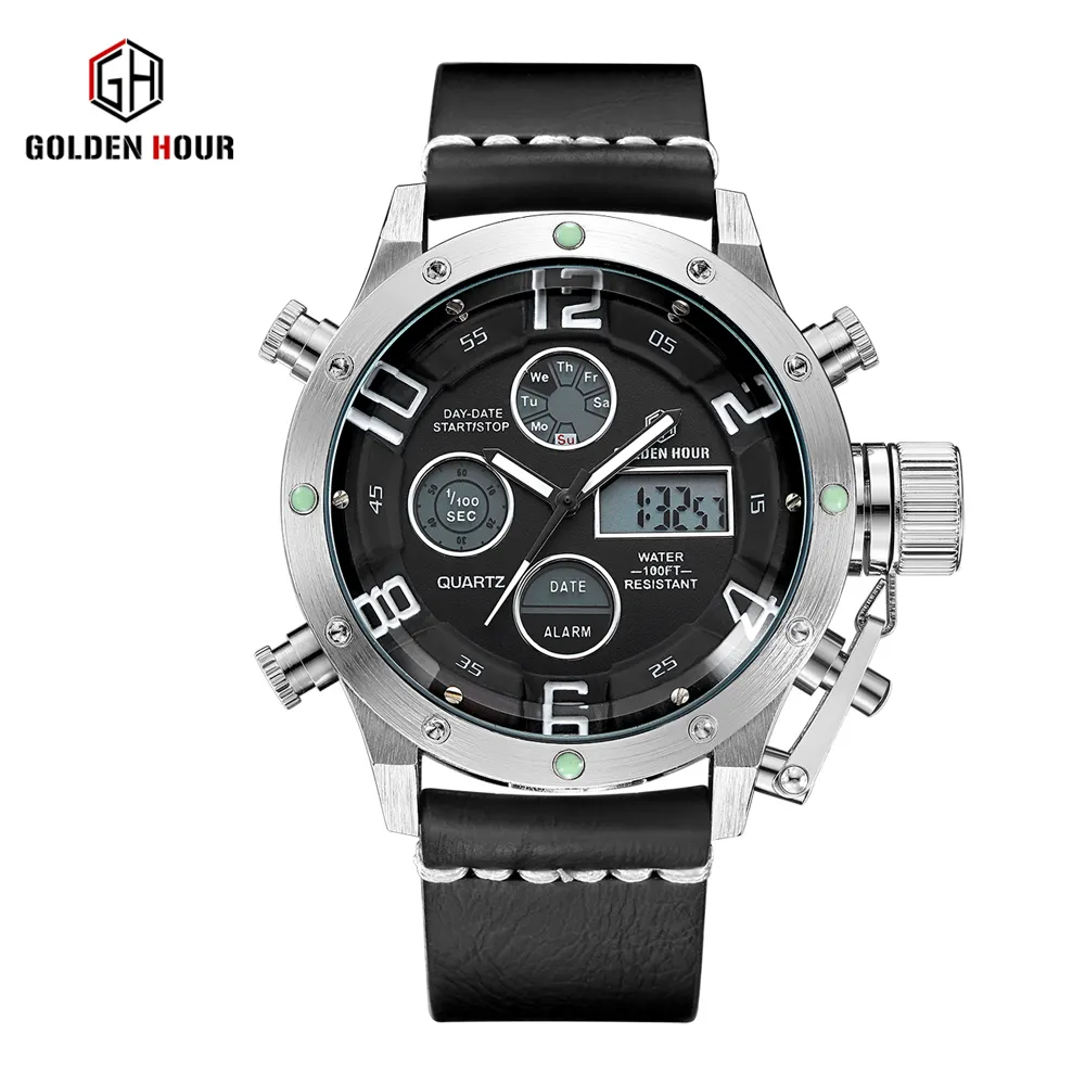 GOLDENHOUR Reloj de Cuero Luminoso para Hombre Reloj deportivo militar para Hombre Reloj de pulsera para Hombre del ejército Reloj Masculino251n