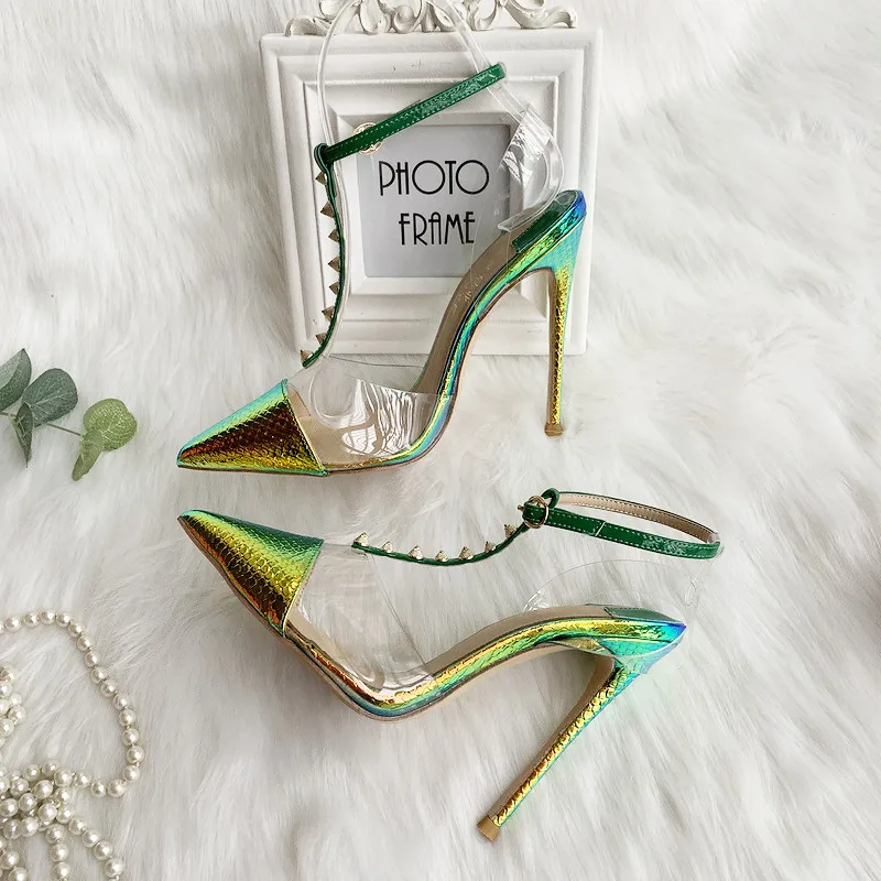 fashion Designer pumps pointy toe heels yellow green snake python T strap with spike ankle strap women lady female summer