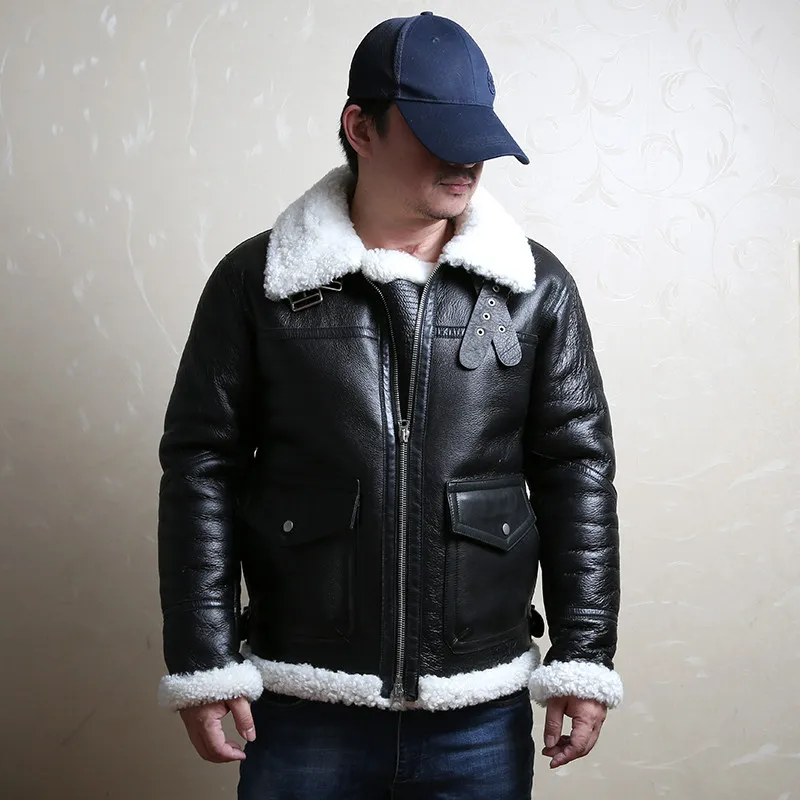 シープスキン レザージャケット プレミアムシープスキン裏地付き革飛行爆撃機ジャケット 本革のラペル