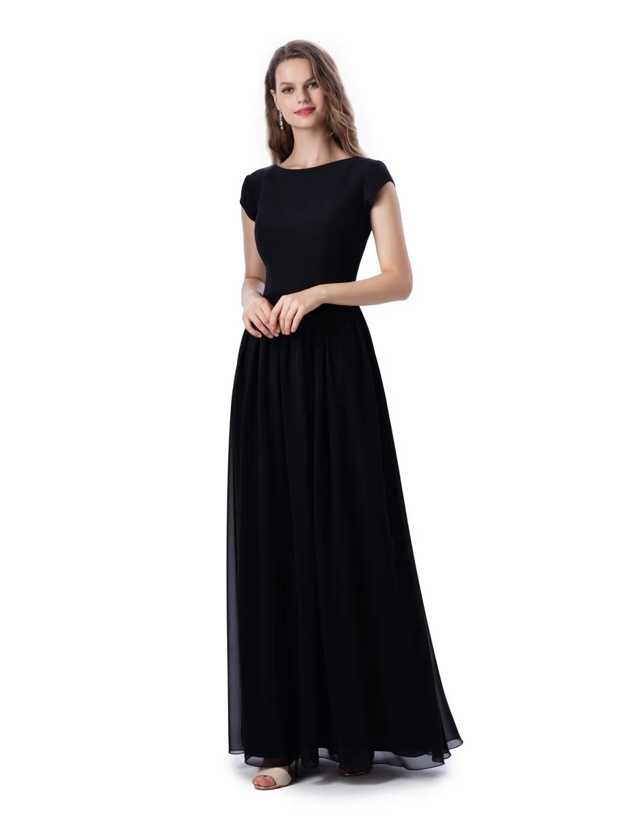 Black Chiffon A-line Long Modest Bridesmaid Dresses With Petal Sleeves Jewel Neck Simple Summer Women Modest Bridesmaid Gowns Custom Made