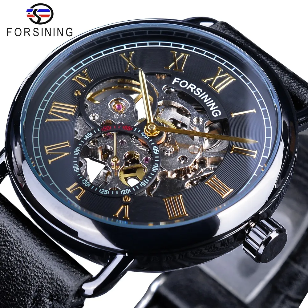 CWP ForSining Black Golden Roman Watch Clock Seconds Hands Independent Design Mekanisk handvindklockor för män Vattenbeständig