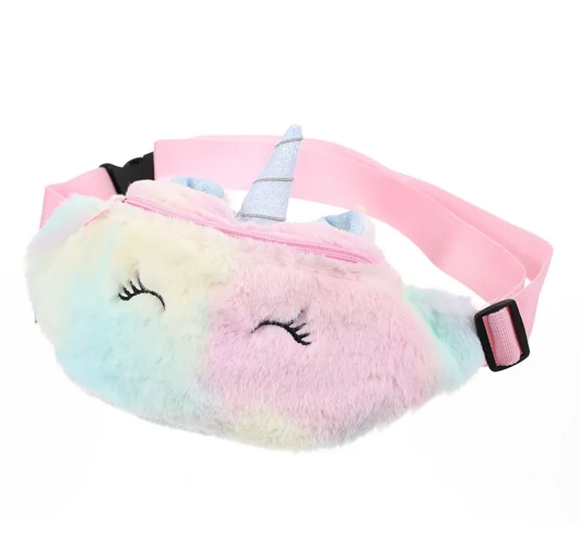 Enfants filles mignon en peluche épaule sac de taille Pack pièce de monnaie pochette sac à main mignon corne cheval sac de sport dégradé de couleur