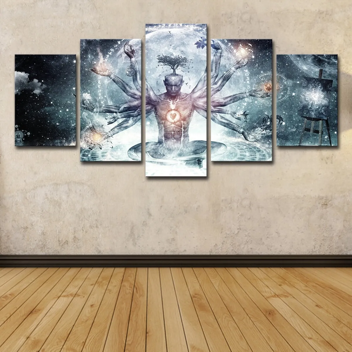 5 Stück Buddha-Kunst, Yoga-Gemälde, Baum, abstrakte Meditation, Wandkunst, HD-Druck, Leinwandgemälde, modische hängende Bilder