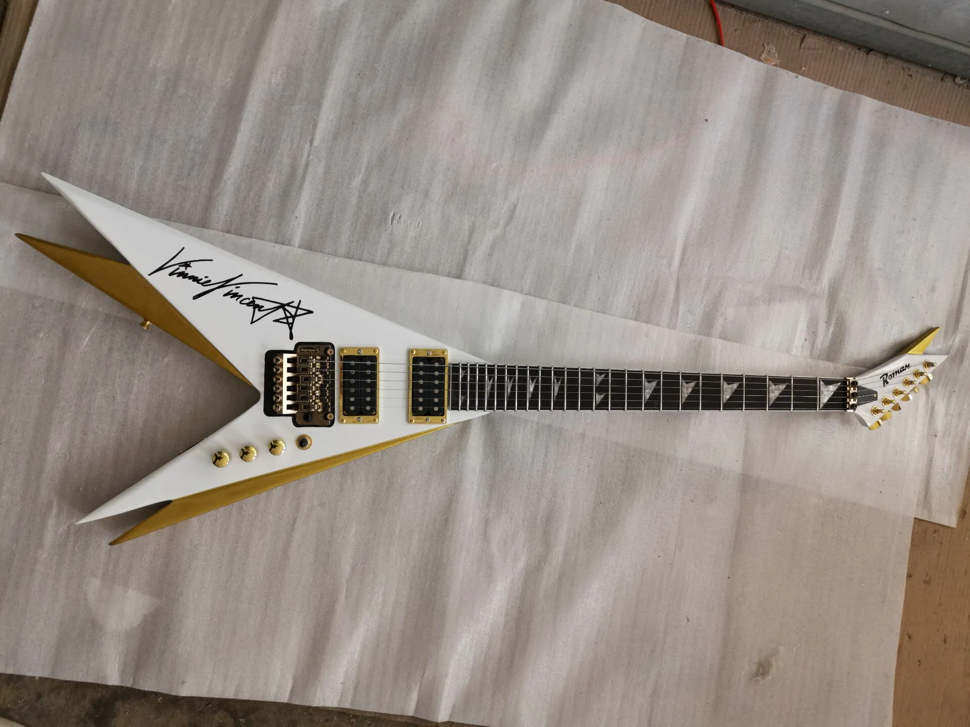 Rare Flying V Electric Guitar - Pearl White/Gold Finish, Floyd