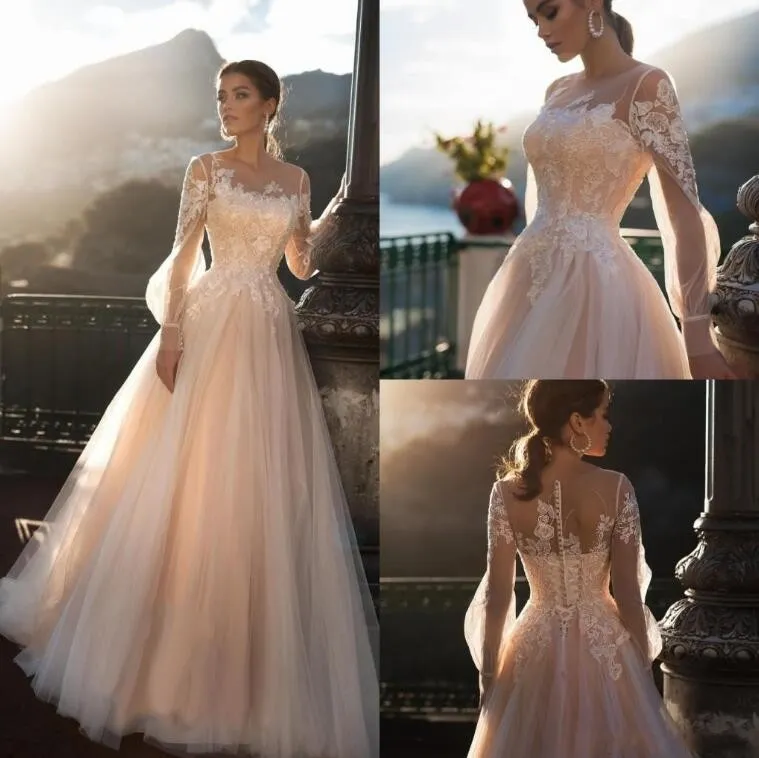 Romantik Sheer Uzun Kollu Gelinlik Bir Çizgi Tül Dantel Aplike Illusion Geri Gelin Törenlerinde Custom Made Robes de Mariée