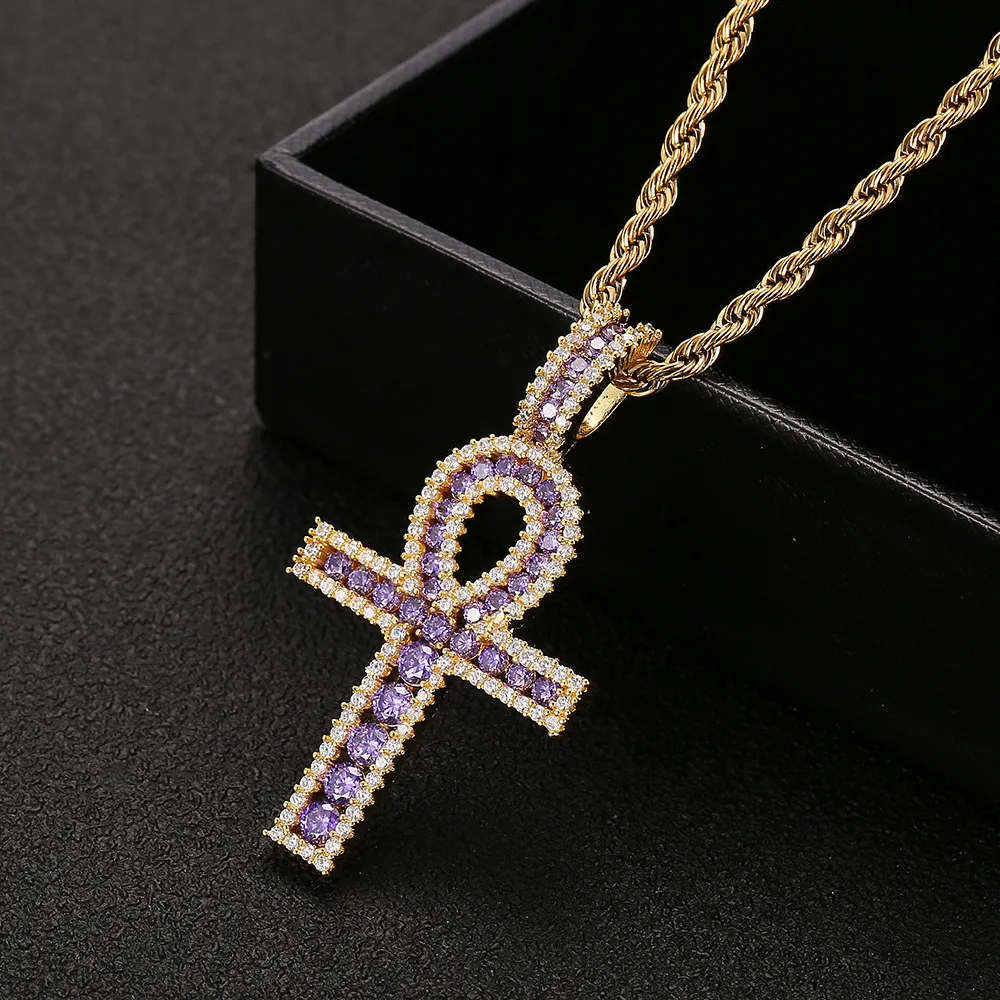 Ankh Cross Pendant Gold Silver Copper Material Iced Zircon