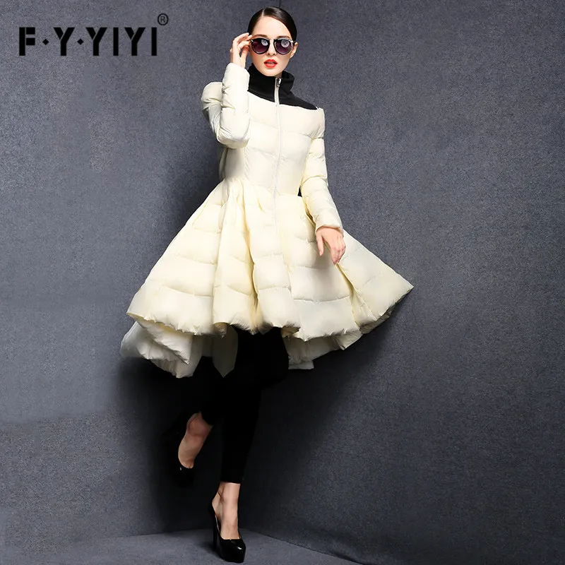 Fyyiyi Salia de onda plissada 2018 Nova moda feminino inverno Jackets Aquecimento Long Slim Coat Feminino Big Swing Ladies Outwear Dress