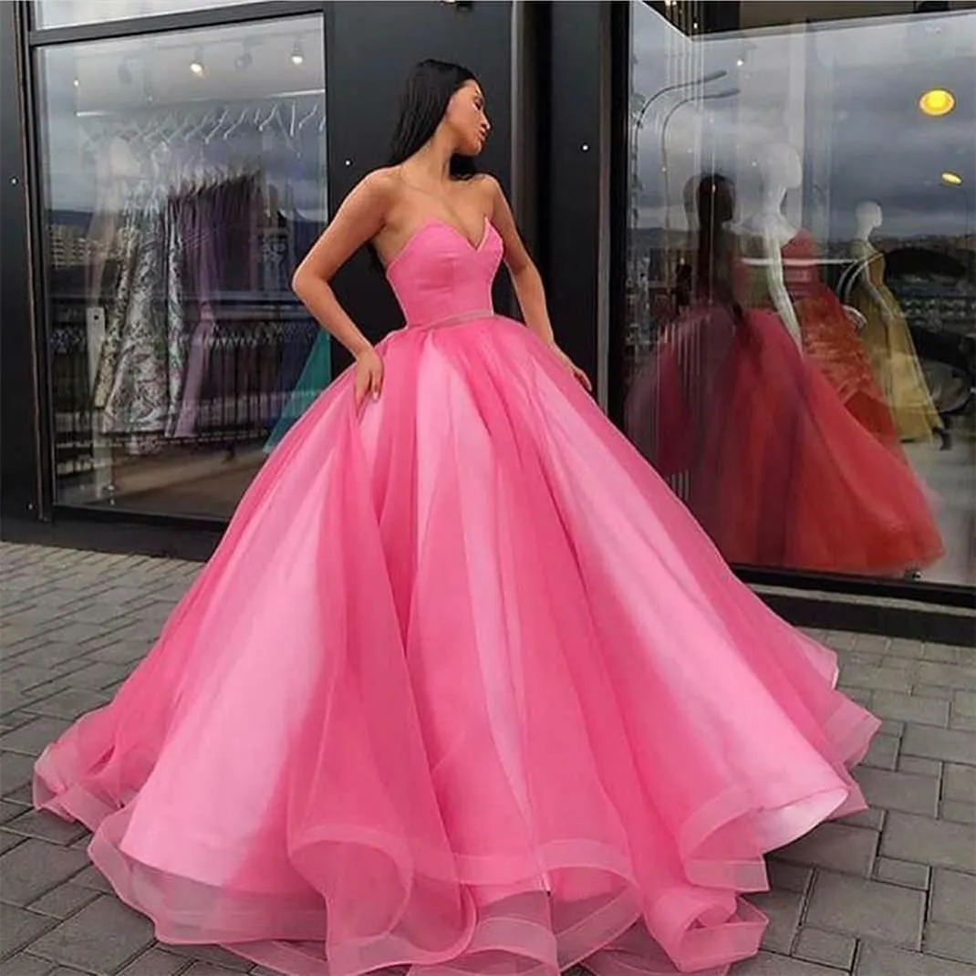 Off Shoulder Pink Satin Ball Gown Appliques Long Evening Prom Dresses, –  MarryLover