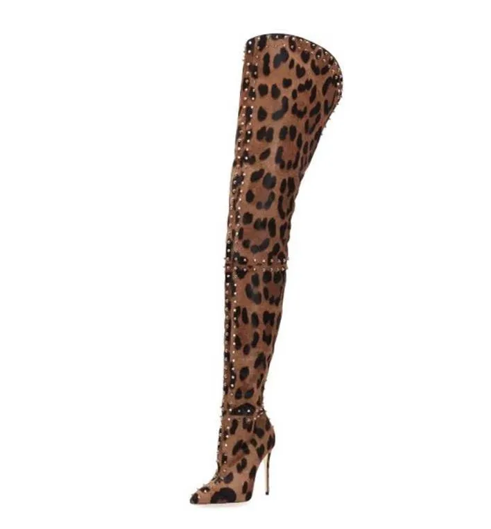 Rontic New Women Thigh High Leopard Print Boots Stiletto High