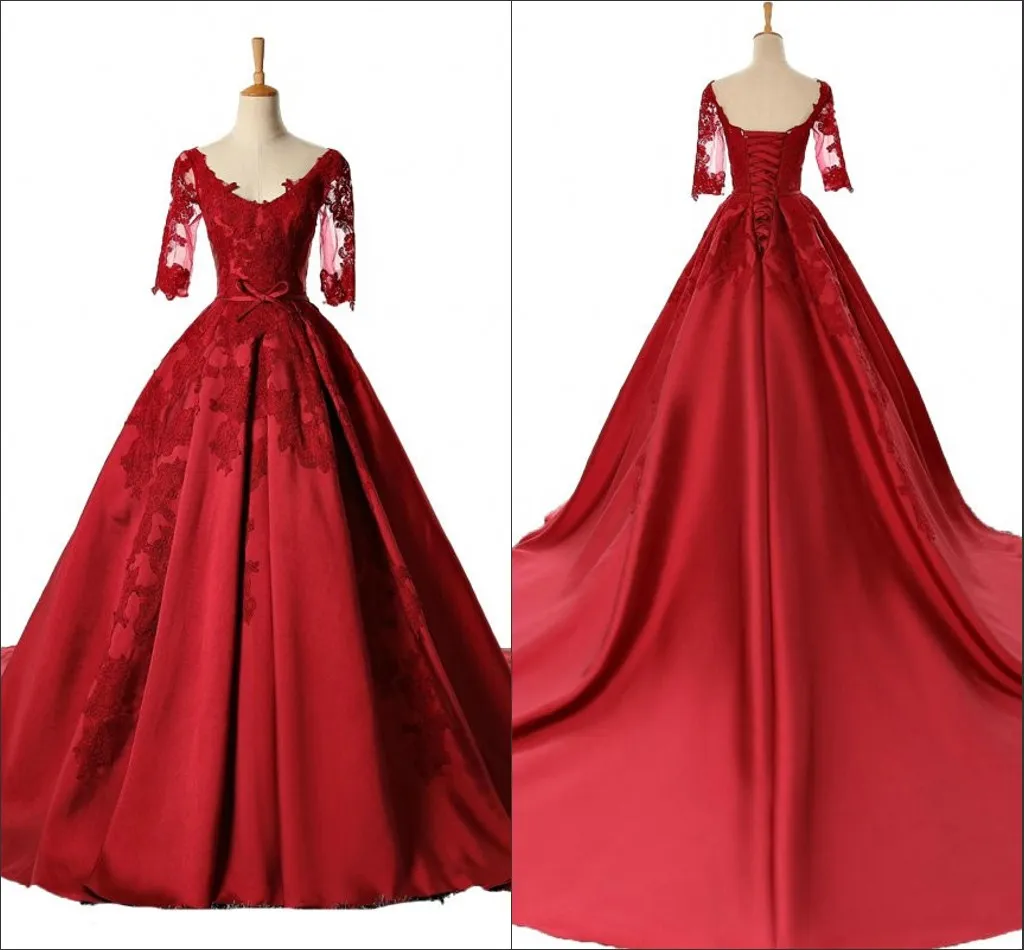 2022 Czerwona Koronkowa aplikacja Suknie wieczorowe z rękawami V-Neck Suknia kulowa Lace-up Satin Prom Dresses Długa Specjalna okazja Dress Vestido de Novia