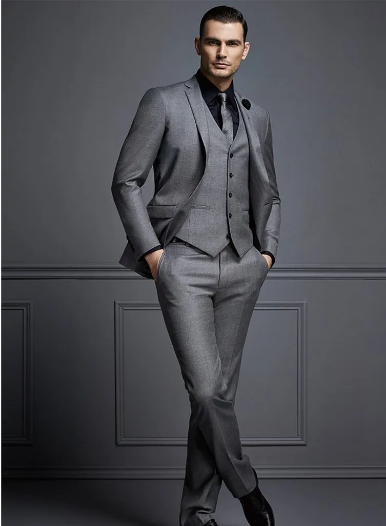 Handsome Dark Grey Mens kostym Ny Fashion Groom Suit Wedding Suits För bästa män Slim Fit Groom Tuxedos för Man (Jacka + Vest + Byxor)