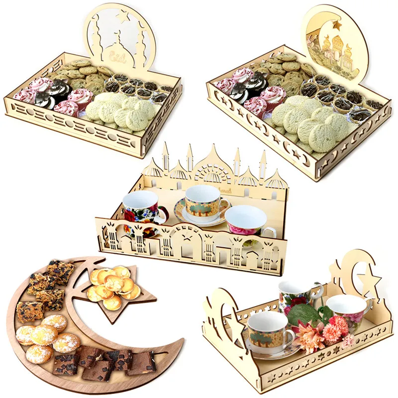 Wooden Ramadan Food Plate Muslim Islam Eid Mubarak Dessert Storage Container Ramadan Crescent Star Party Food Serving Plate