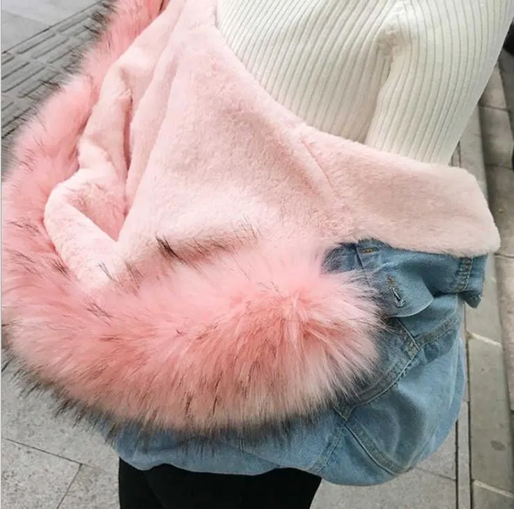 Women Winter Designer Coats Fashion Hooded Jean Jackets Fur Warm Thickened Outerwear Parkas Casual Womens Clothing